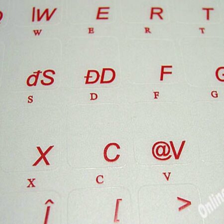 Romanian Keyboard Stickers 12x12mm with Red Letters on Transparent Background