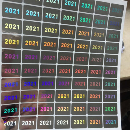 100 silver holographic adhesive labels with year