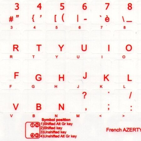 French Keyboard Stickers Red Letters on Transparent Background