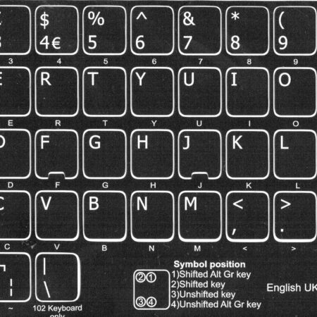 UK Keyboard Stickers White Letters on Black Background