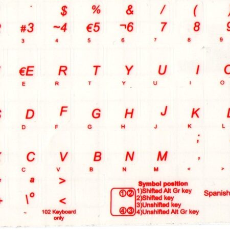 Spanish Keyboard Stickers Red Letters on Transparent Background 1,2x1,2cm