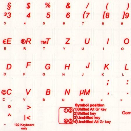 German Keyboard Stickers Red Letters on Transparent Background 12x12mm