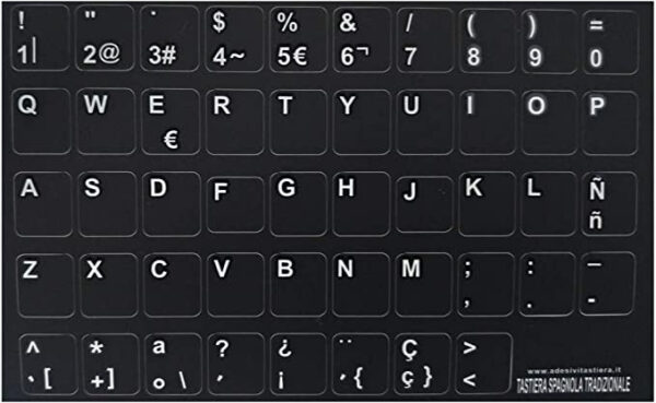 Spanish Keyboard Stickers White and Yellow Letters on Black Background 12mm x 12mm