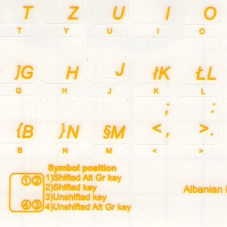 Albanian Keyboard Stickers Yellow Letters on Transparent Background 12x12mm